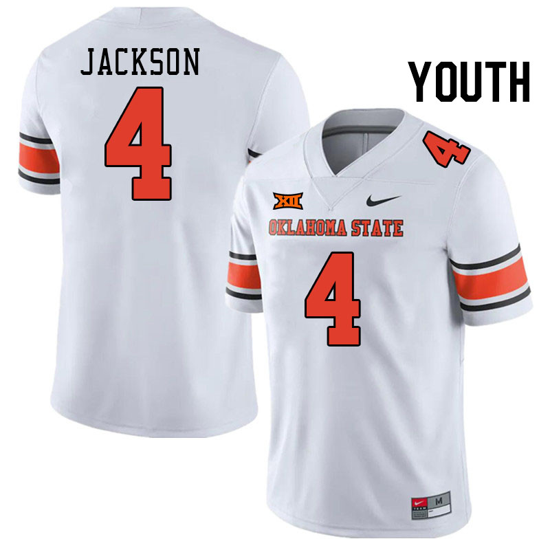 Youth #4 Deondre Jackson Oklahoma State Cowboys College Football Jerseys Stitched-White - Click Image to Close